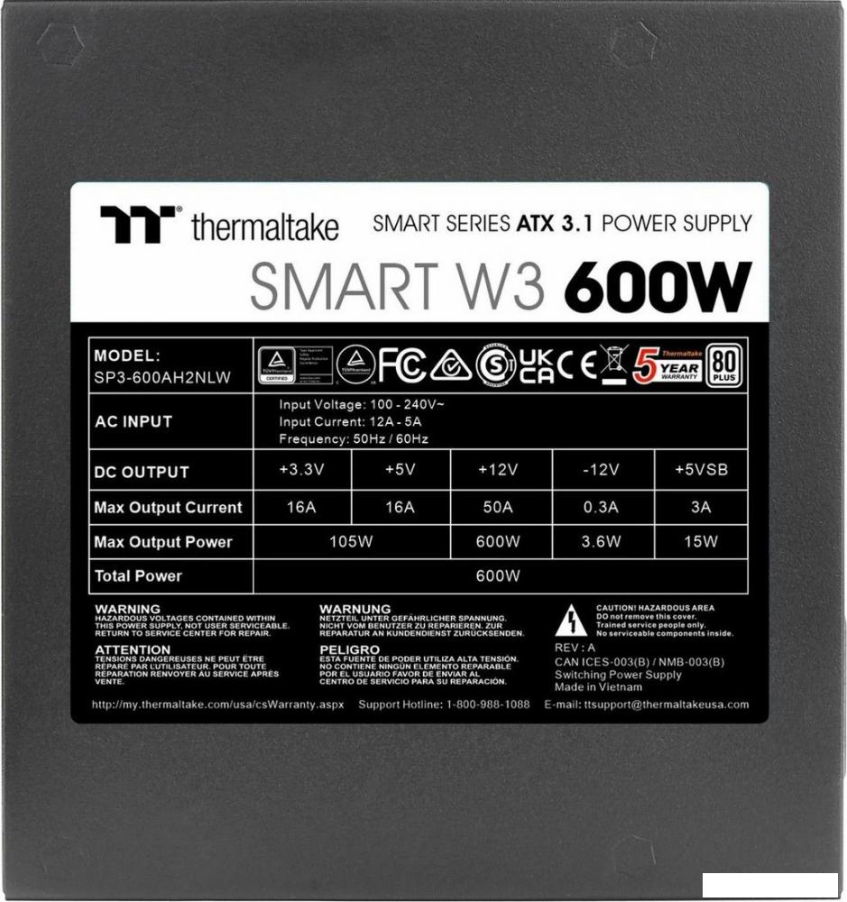 Блок питания Thermaltake Smart W3 600W PS-SPW-0600NNFAWE-1