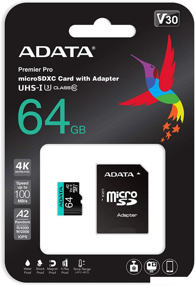 Карта памяти ADATA Premier Pro AUSDX64GUI3V30SA2-RA1 microSDXC 64GB (с адаптером)