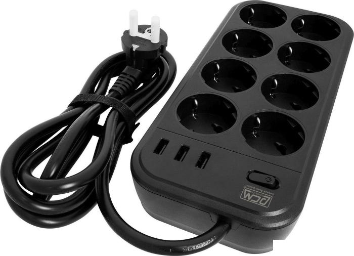 Сетевой фильтр Powercom SP-08 USB03AB (1.8 м, 8 розеток, черный)
