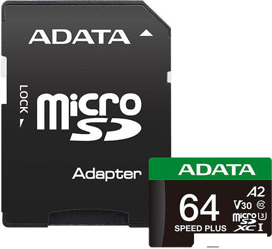 Карта памяти ADATA SPEED PLUS microSDXC 64GB UD64GUI3V30A2SP-RA1 (с адаптером)