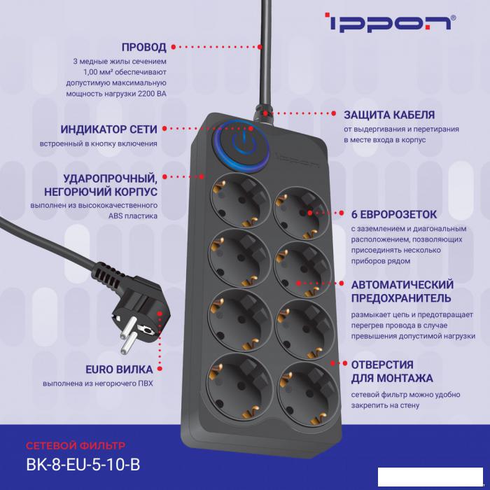 Сетевой фильтр IPPON BK-8-EU-5-10-B